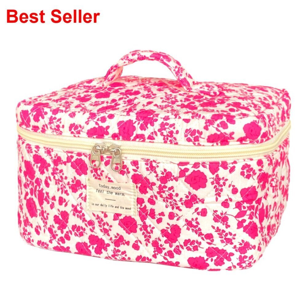 Large Quilted Cotton Makeup Bag Floral Pattern Travel Toiletry Cosmetic Case